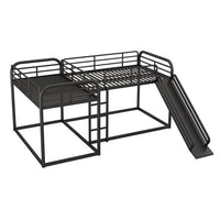 Quad Bunk Beds for 4,Full and Twin Size L-Shape Metal Bunk Bed with Slide and Short Ladder,Heavy-Duty Metal Floor Bunk Bed,Modern Corner Bunk Bed with Guardrails for Kids Teens Boys Girls,Black