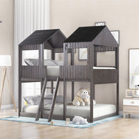 Full Over Full House Bunk Bed with Roof, Wood House Bunk Bed with Window, Safety Guardrail, Ladder for Kids Teens Girls Boys, No Box Spring Needed, Antique Gray 78.7"L x 56.2"W x 85.5"H