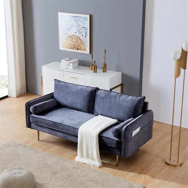 Gray Velvet Fabric Sofa Couch with Pillows and Pocket, 71 inch Wide Mid Century Modern Upholstered Living Room Loveseat Sofa with Side Storage Fashion Golden Legs for Small Spaces and Office