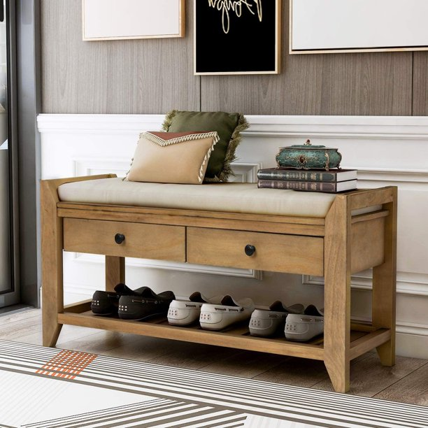 Shoe Bench Entryway Bench Shoe Rack Wooden with Cushioned Seat and Two Handle Drawers Multipurpose for Entryway Home Living Room Old Pine