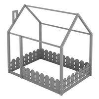 Full Size House-shaped Floor Bed, Wooden Platform Bed Frame with Roof and Fence-shaped Guardrails, Low Kids Bed for Boys Girls Bedroom, Easy Assembly, Slats Not Included, Gray