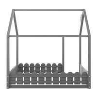 Full Size House-shaped Floor Bed, Wooden Platform Bed Frame with Roof and Fence-shaped Guardrails, Low Kids Bed for Boys Girls Bedroom, Easy Assembly, Slats Not Included, Gray