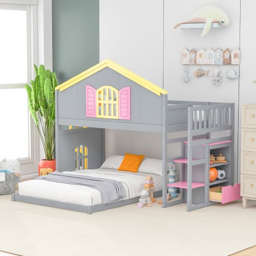 Twin over Full House Bunk Bed Frame, with Pink Staircase and Drawer, Shelves Under the Staircase, House Shaped Bed with Windows, for Girls and Boys