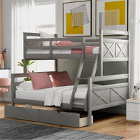 Twin Over Full Bunk Bed with Two Storage Drawers, Ladder and Safety Guardrail for Kids, Teens, Adults, No Spring Box Needed, Gray