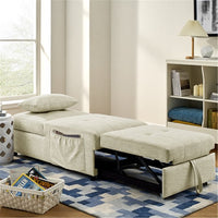 Single Folding Sofa Bed with Pulled Out Ottoman, Recliner Chair with 1 Pillow and Side Pocket, Beige