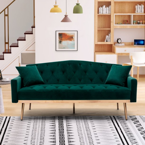 65" Velvet Futon Sofa Bed with Two Pillows, Convertible Loveseat Sofa Sleeper Couch with Adjustable Angles and Metal Legs, Velvet Accent Sofa for Living Room Bedroom Apartment, Green