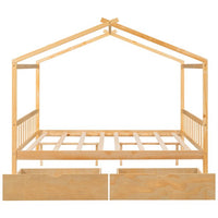 Full Size House Platform Bed Frame with Two Drawers, Wood House Bed Frame with Headboard and Footboard, House Cabin Bed Frame for Kids Toddlers Boys Girls, No Need Spring Box, Natural