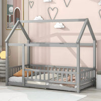 Twin Size Floor Bed with Fence Guardrails for Kids Toddlers and Teens, Solid Wood House Bed Frame with Roof for Boys and Girls Bedroom, Playhouse Design, No Slats Included, No Box Spring Needed, Gray
