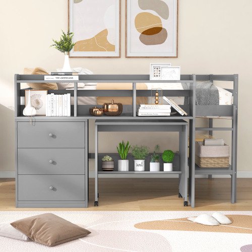 Low Loft Bed, Full Size Loft Bed with Rolling Portable Desk, Wooden Loft Bed with Storage Drawers and Shelves, Multifunctional Bed Frame for Kids Teens Boys Girls, Space Saving Loft Bed, Gray