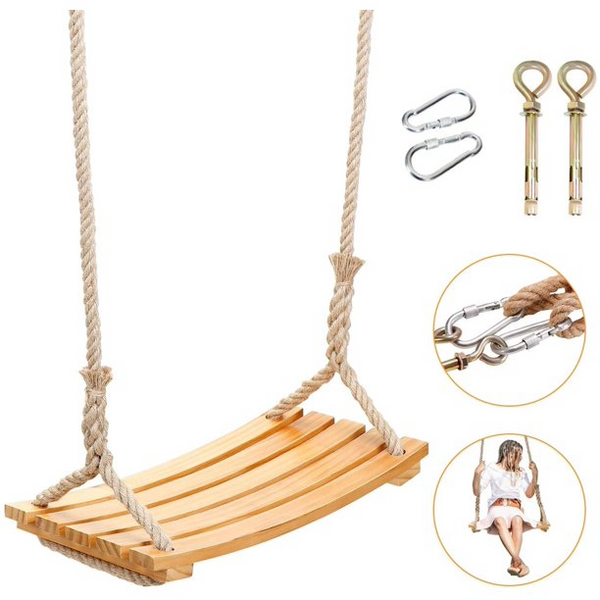 Wood Swing, Tree Swings Adults Children Kids Hanging Tree Swing Chair with Adjustable Hemp Rope and 2 Carabiner Hooks, Playground Rope Swing Set 300lbs Load for Indoor Outdoor Backyard Play