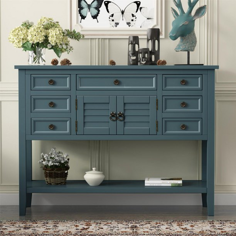 45'' Modern Console Table Sofa Table with 7 Drawers, 1 Cabinet and 1 Shelf for Living Room or Corridor Hallway, Solid Wood Top, Entryway Table, Blue