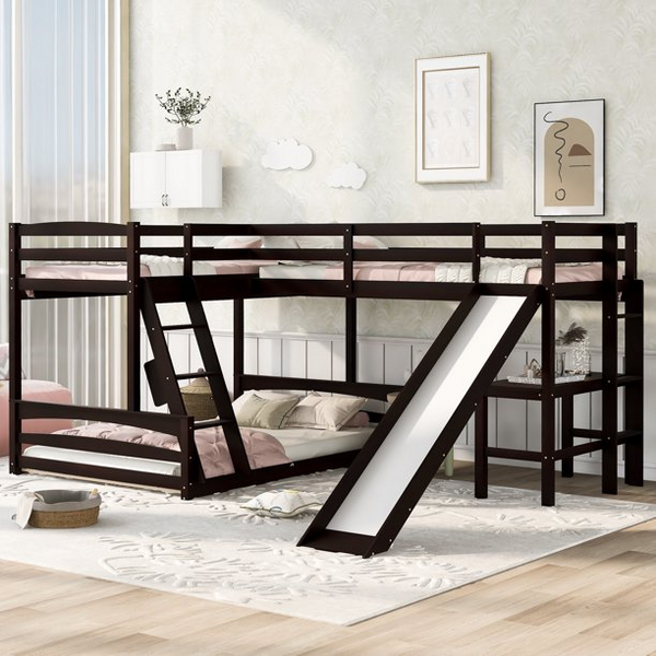 L-Shape Triple Bunk Bed with Desk and Slide, Twin Over Full Bunk Bed & Twin Size Loft Bed with 2 Ladders, Wooden Corner Bunk Beds for Kids Boys Girls Teens, Espresso