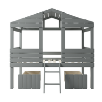 Twin Size House Bed with Two Storage Drawers, Pinewood Low Loft Bed with Guardrails and Short Ladder, Playhouse Bed Frame with Windows and Roof for Boys Girls Kids, Gray