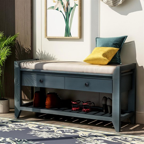 Shoe Rack Bench for Entryway, Wooden Free Standing Shoe Rack with 2 Drawers and Removable Cushioned Seat, Narrow Small Storage Bench with Bottom Shelf for Living Room Bedroom Hallway, Antique Navy
