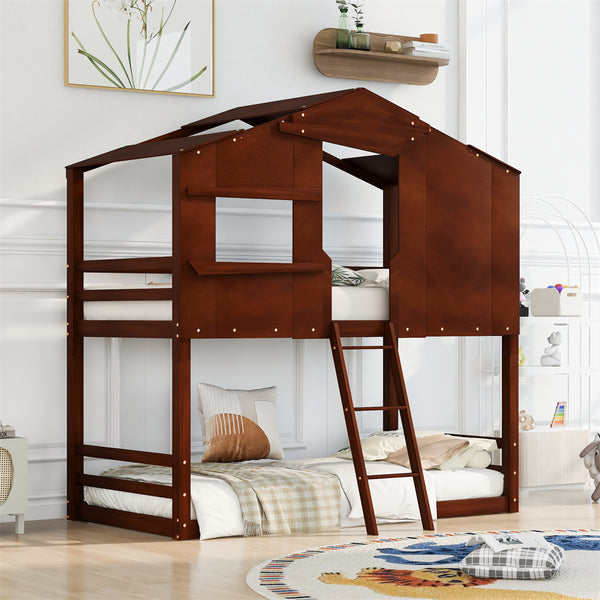 Wooden House Shaped Bunk Bed, Twin Over Twin Bunk Bed for Kids, Toddler, Girls and Boys, Playhouse Low Bunkbed Solid Wood Frame with Roof, Ladder and Window, No Box Spring Needed, Walnut