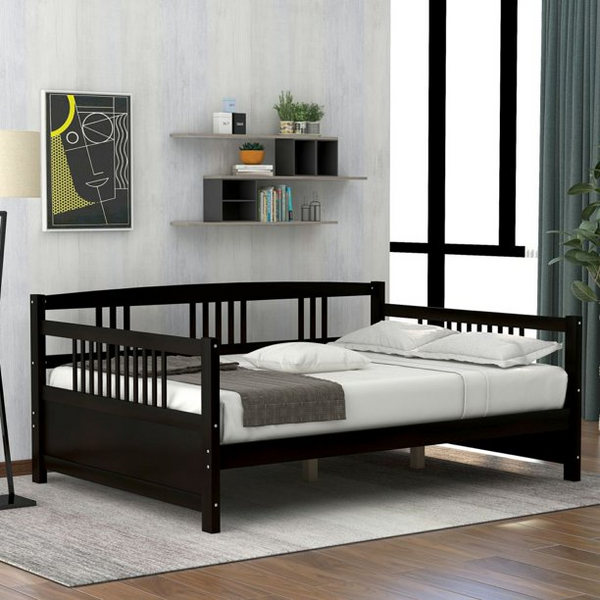 Wooden Daybed Frame Full Size, Full Wooden Slats Support, Dual-use Sturdy Sofa Bed,for Bedroom Living Room,500LBS Capacity,Espresso