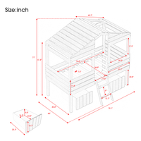 Twin Size House Bed with Two Storage Drawers, Pinewood Low Loft Bed with Guardrails and Short Ladder, Playhouse Bed Frame with Windows and Roof for Boys Girls Kids, Gray