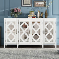 Accent Storage Cabinet, Modern Mirrored Console Table with 4 Cabinets and 3 Adjustable Shelves Buffet Sideboard Storage Cabinet for Entryway Kitchen Dining Room, Easy Assembly, White