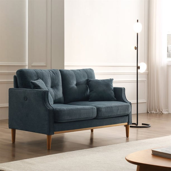 Modern 2 Seater Sofa with USB Charge, Waterproof Fabric Sofa Futon Sofa with Wood Legs, Upholstered Couch with 2 Pillows, Accent Loveseat Sofa for Living Room Bedroom Apartment Office, Dark Blue