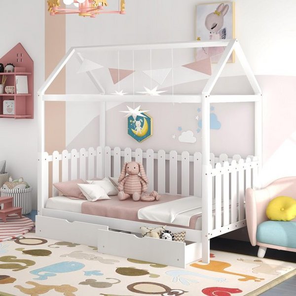Twin House Bed for Kids, House Bed with 2 Storage Drawers and Fence-Shaped Guardrail, Pine Wood Bed Frame with 8 Wood Slats Support for Boys Girls Teens, No Box Spring Needed, White