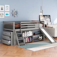 Twin Size Loft Bed with Storage, Wooden Loft Bed Frame with Slide & Bookcases & 3-Tier Drawers, Convertible Ladder and Slide, Low Loft Bed for Kids Girls Boys, No Box Spring Needed, Gray