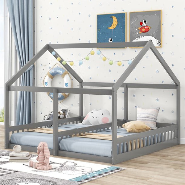 Twin Size House Platform Beds,Two Shared Beds, Wooden Bed Frame with Roof, Double House Platform Beds for Boys Gils Teens Bedroom Furniture, Can be Decorated Tent, Gray