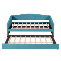 Twin Size Daybed Frame with Trundle Bed, Velvet Upholstered Dual-use Sofa Bed Frame with Slats Support, Wooden Living Room Bedroom Bed Frame for Teens Adults, No Box Spring Needed, Blue
