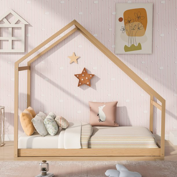 Twin Size House Bed, Wooden Floor Bed Frame with Roof for Toddlers Kids Girls Boys, Can be Decorated, Natural 80.3"L x 41"W x73.2"H