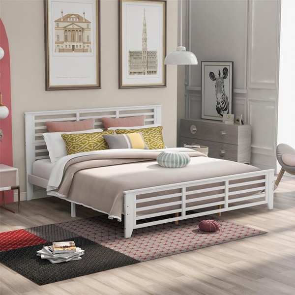 Platform bed with horizontal strip hollow shape/Wood Slat Support/Easy Assembly, King size, White