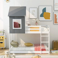 Twin Over Twin Low Bunk Bed, Wood House Bunk Bed Frame with Ladder, Guardrail and Roofs Floor Bunk Bed for Kids, Teens, Girls, Boys, White