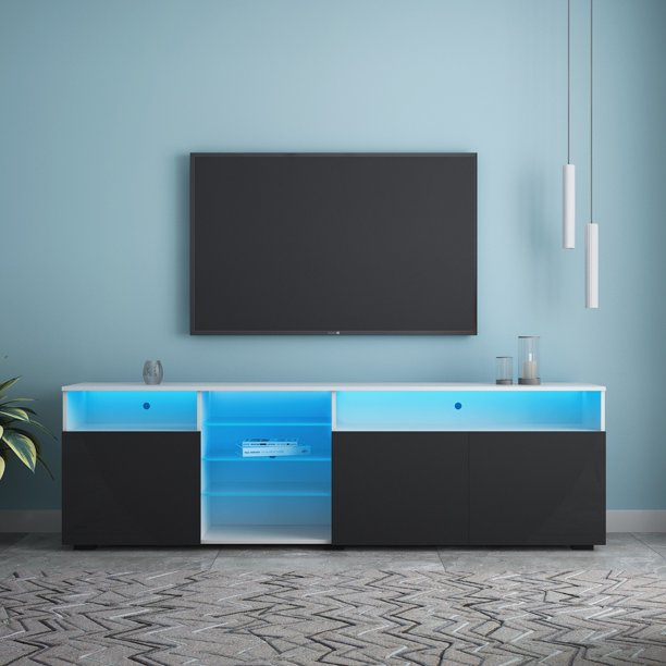 TV Stand for TVs Up to 90 inch, High Gloss Entertainment Center Media Console with 16 Color LED Lights/Open Shelves/3 Storage Cabinet, White+Black 78.7''W x 13.8''D x 21.7''H