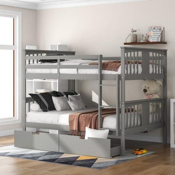 Full over Full Bunk Bed with 2 Storage Drawers and Ladder for Kids Teens Adults, Wood Bunk Bed Frame with Safety Rail for Bedroom, Dorm,Guest Room Furniture, Gray 79.6''L x 56.5''W x 62.9''H