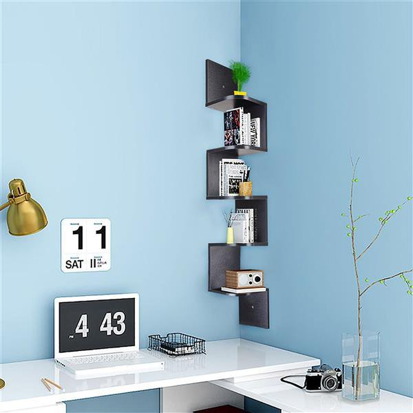 Wood Corner 5 Tiers Wall Shelf Zig Zag Wooden Shelves Wooden Mount Rack Home Furniture White, Wooden Display Shelves Storage Organizer, Black