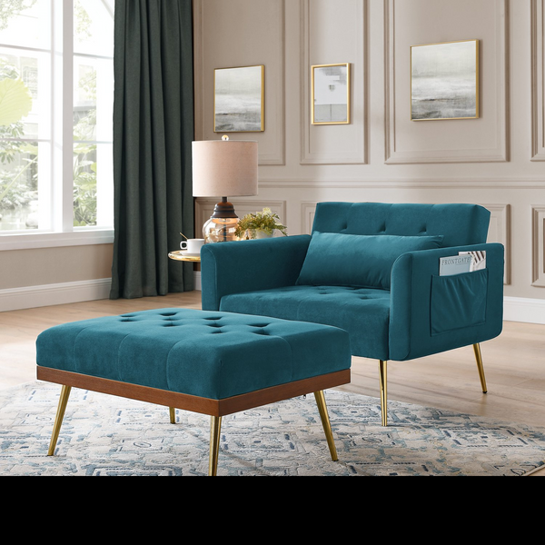 Modern Accent Chair with Ottoman and 1 Pillow, Velvet Recliner Sofa Chair with Adjustable Backrest and 2 Side Pocket, Upholstered Armchair for Living Room Bedroom Office, Teal