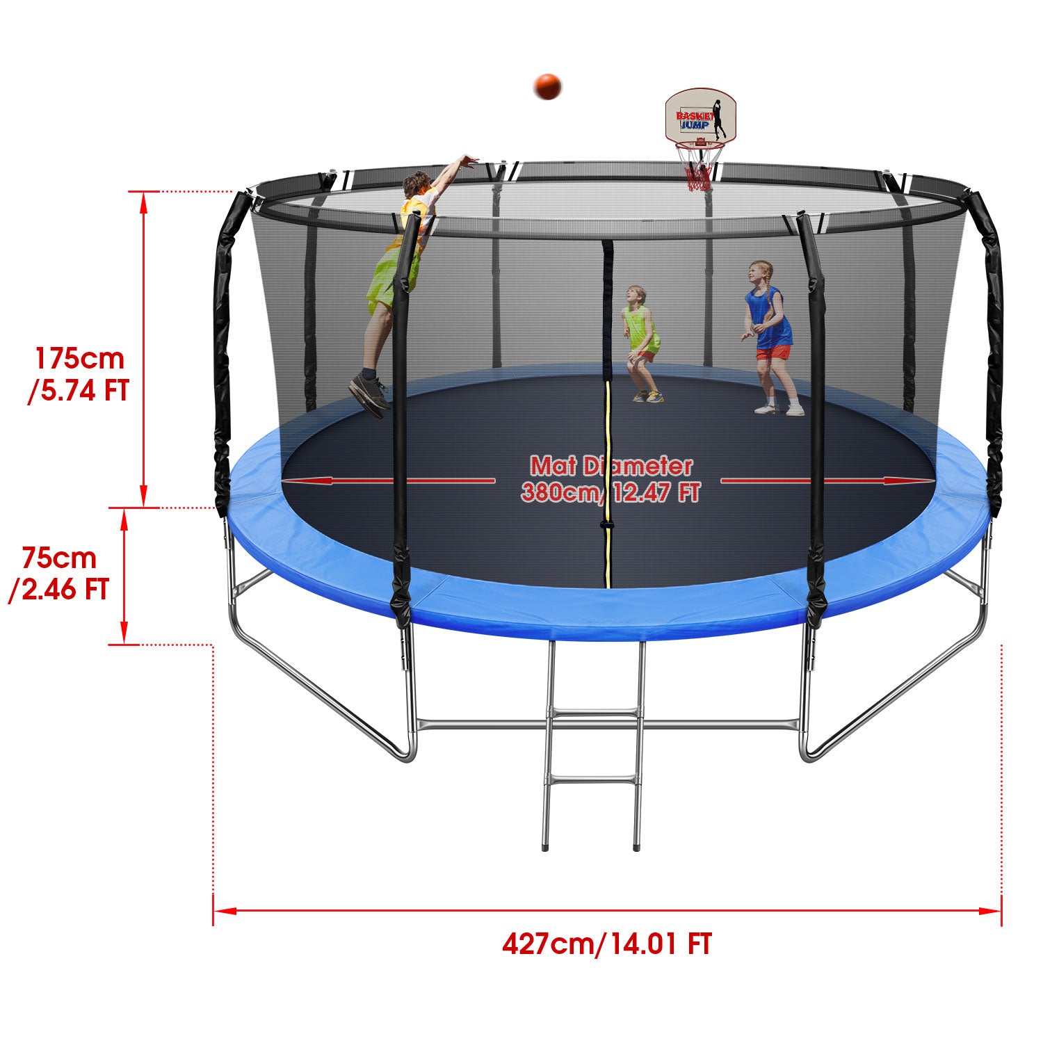 TRIPLETREE 14FT Trampoline With Safety Enclosure Net, Basketball Hoop & Ladder, Suitable For Kids & Adults, 800LBS