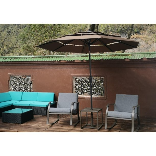 9Ft 3-Tiers Wind Vent Heavy-Duty Round Outdoor Market Patio Umbrella w/Steel Pole, Push Button Tilt, Easy Crank Lift - Chocolate