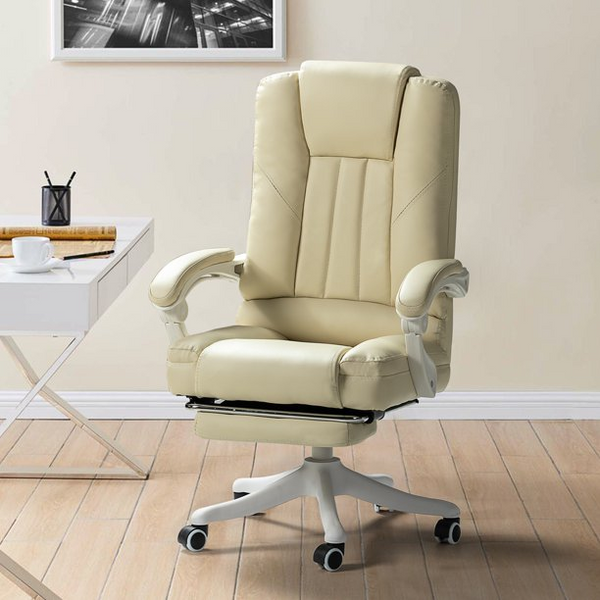 Executive Home Office Chair with Footrest, 360° Swivel Computer Desk Chair with Wheels and Arms, Ergonomic Adjustable Faux Leather Chair with Height Adjustable Seat, Ivory