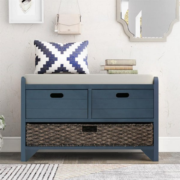 Storage Bench Entryway Bench with Removable Basket and 2 Drawers, Shoe Bench with Removable Cushion for Hallway/Entryway/Living Room, Fully Assembled, Navy Blue