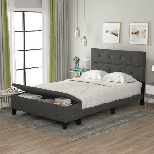 Full Size Upholstered Platform Bed with Storage Ottoman Bench/Upholstered Button Tufted Headboard/Mattress Foundation/9 Solid Wood Slat Support, Dark Grey