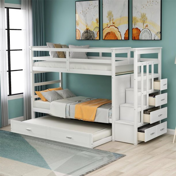 Solid Wood Bunk Bed, Hardwood Twin Over Twin Bunk Bed with Trundle and Staircase, No Box Spring Needed with Guardrails, Ladder and Storage Stairs for Kids and Teens, Natural White Finish