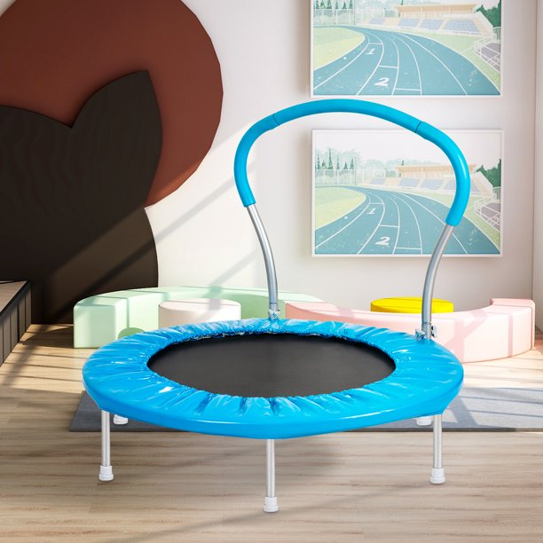 Kids Trampoline With Handle Bar, Indoor Outdoor Mini Recreational Trampoline For Toddler Age 2-5, 36inch Blue