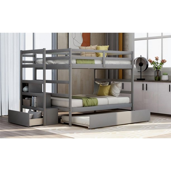 Full over Full Bunk Bed with Twin Size Trundle, Solid Wood Bunk Bed Frame with Two Open Shelves, One Drawer and Storage Stairs for Kids and Teens(Gray)