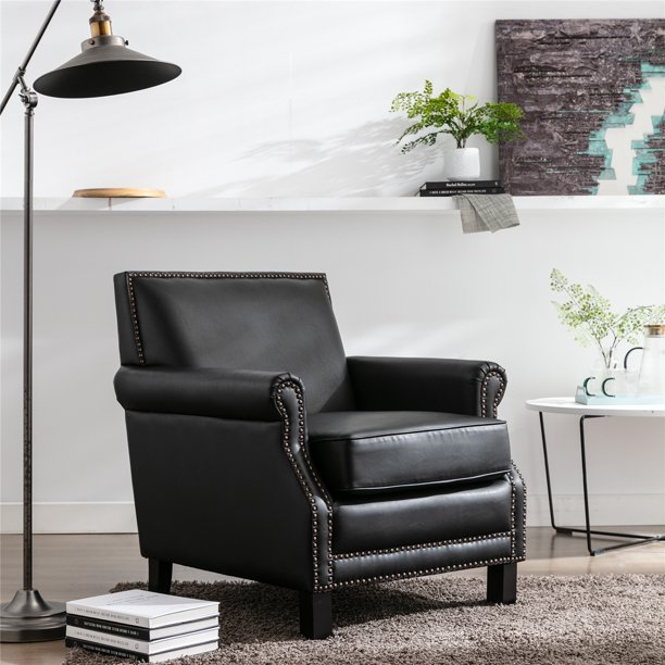 Tufted Club Chair, PU Leather Accent Chair with Nailhead Trim, Armchair for Livingroom Bedroom, Black