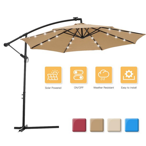 10 FT Patio Beach Outdoor Solar Umbrella, Offset Cantilever Umbrella with 24 Solar LED Lights, Wind Vents Market Umbrella, Sunshade with Crank and Fade-Resistant for Garden Backyard Pool, Taupe