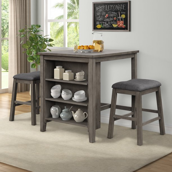 Kitchen Dining Table With Padded Stools For 2, 3-piece Set Wooden Square Small Dining Room Farmhouse Kitchen Breakfast Table, Dark Gray 33''l X 15.7''w X 18.3''h