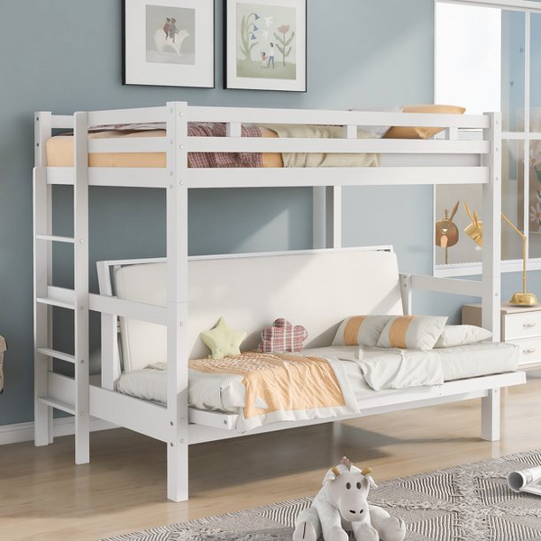 Twin over Twin/Full Bunk Bed with Convertible Down Bed, Convertible Twin Over Futon Bed with Guard Rail and Ladder, Space Saving Design, White