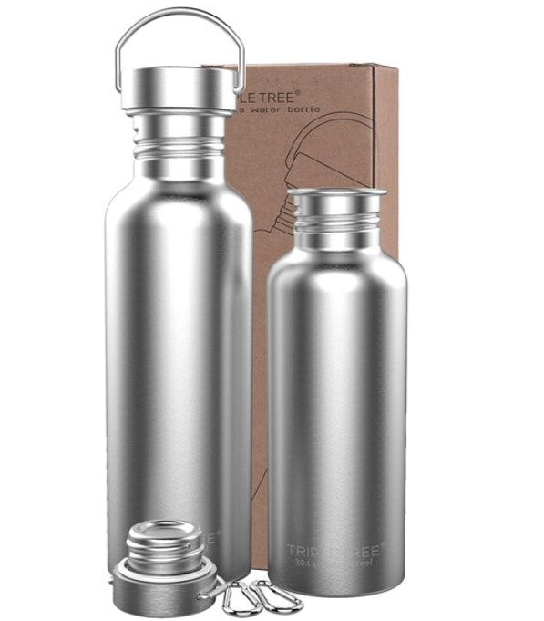 Triple Tree 34 oz Silver Stainless Steel Water Bottle with Wide Mouth Lid