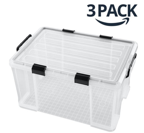 3pcs 85L Waterproof Garage Outdoor Storage Containers, Durable Waterproof Big Plastic Bins with Sealing Lids for Kitchen Food Shoes Toys Craft Under Bed Organizers, Transparent 27.75x18.89x15.16inch