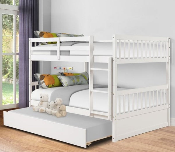 Full Over Full Bunk Bed with Trundle for Kids, Convertible to 2 Full Size Platform Bed, Wood Full Bunkbed with Full-Length Safety Guard Rail and Ladders, White