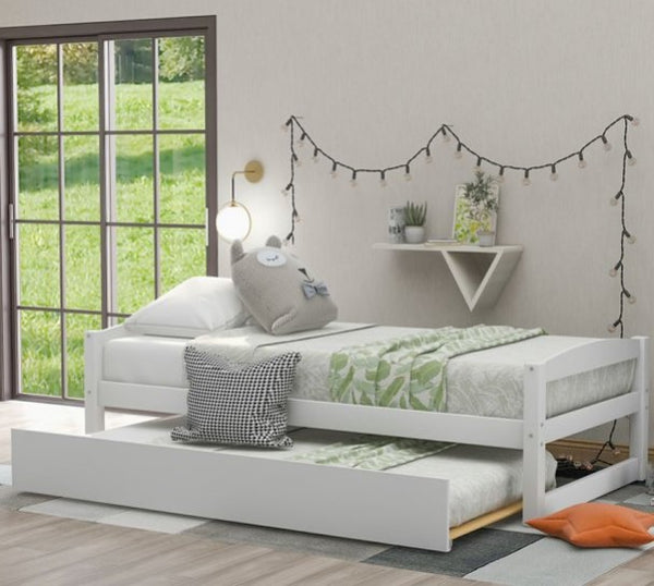Modern Pine Wood Daybed with Trundle, MDF Captain’s Bed, Twin Size, 76"x 39.8", White
